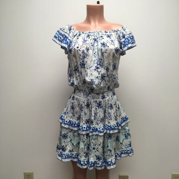 Taj by Sabrina Crippa Womens White Blue Floral Layered Ruffled Mini Dress XS - Picture 1 of 9